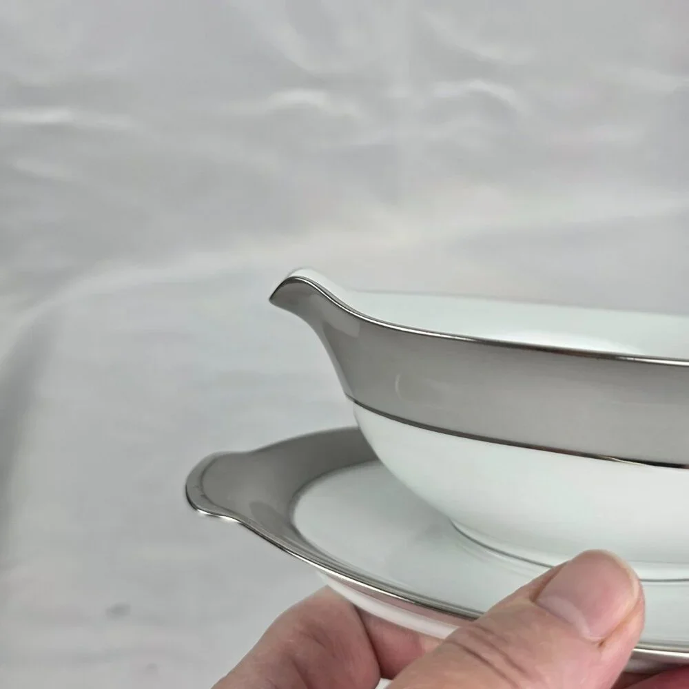 Sango Plantina Gravy Boat with Underplate Gray Band Platinum Trim